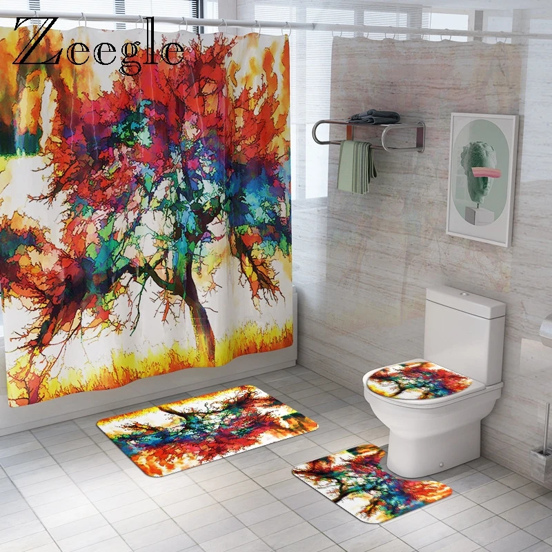 Zeegle Colorful Mat for Bathroom Waterproof Shower Curtain Lid Toilet Cover Bathroom Shower Mat Toilet Carpet Washable Bath Set