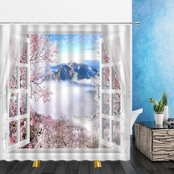 

Window Landscape Shower Curtains four Seasons Natural Scenery 3D Print Waterproof Bathroom Home Decor Bathtub Polyester Curtain