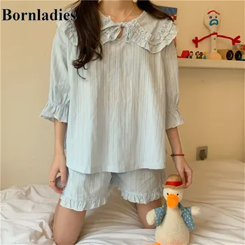 

Bornladies 2020 Ruffled Soft Women Pajamas Short Panst Suits Minimalist Sweet Solid Loose Home Clothes Shorts Casual Sleepwear