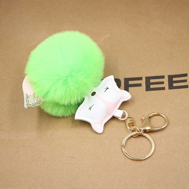 Ball Keychain Charm Key Ring Cute Leather Fox Keyring Plush Fluffy Pompom Faux Rabbit Fur Ball Bag Car Key Charms Accessory