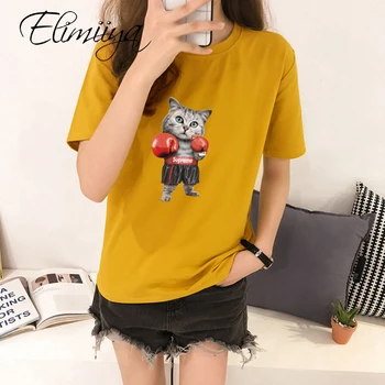 

Elimiiya New Cartoon Boxing Cat T-shirt Women's Plus Size Loose Bottoming Shirt