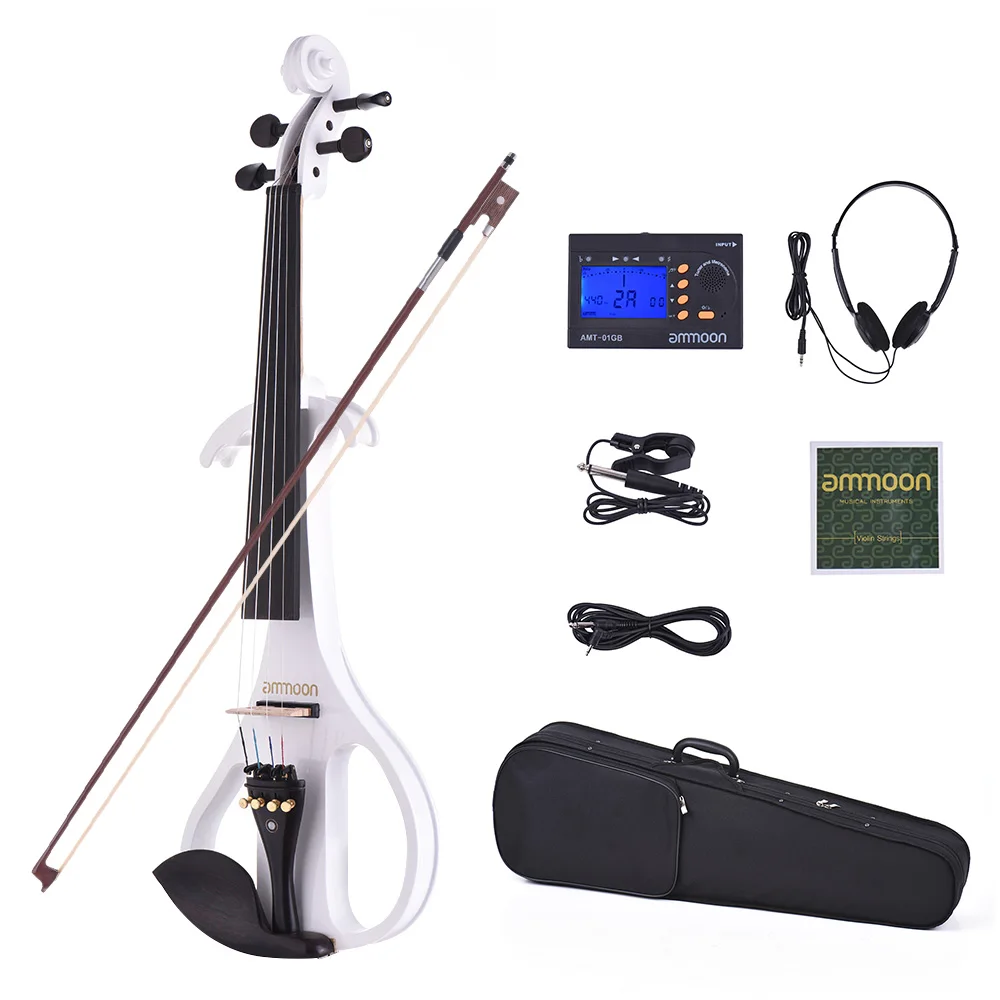 ammoon VE-209 Full Size 4/4 Solid Wood Silent Electric Violin Fiddle Maple Ebony Fingerboard Tailpiece with Bow Hard Case Tuner - Цвет: as show