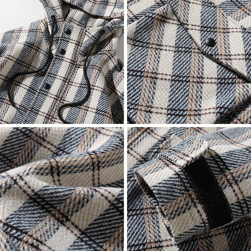 Autumn New Woolen Jacket Men Fashion Retro Casual Tartan Coat Man Streetwear Wild Loose Hooded Jacket Male Clothes M-5XL