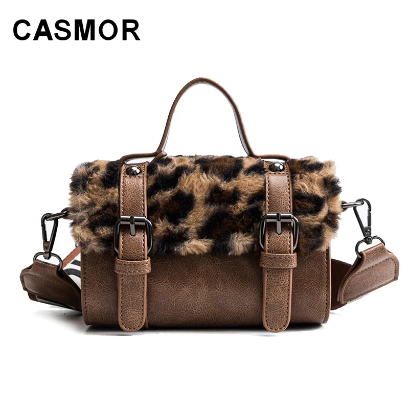 

CASMOR Ladies Handbag 2019 Winter Faux Fur Shoulder Bag Leopard Print Crossbody Bags Female Party Tote Bag