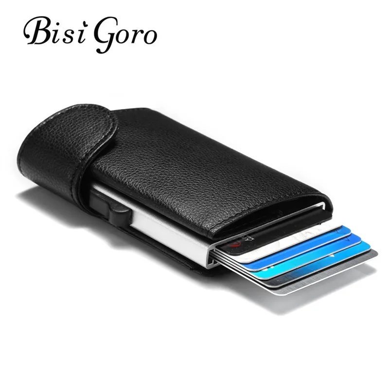 

BISI GORO Leather RFID Card Holder Blocking Metal Wallet Single Box Minimalist Wallet Aluminium Card Package For Men Card Case