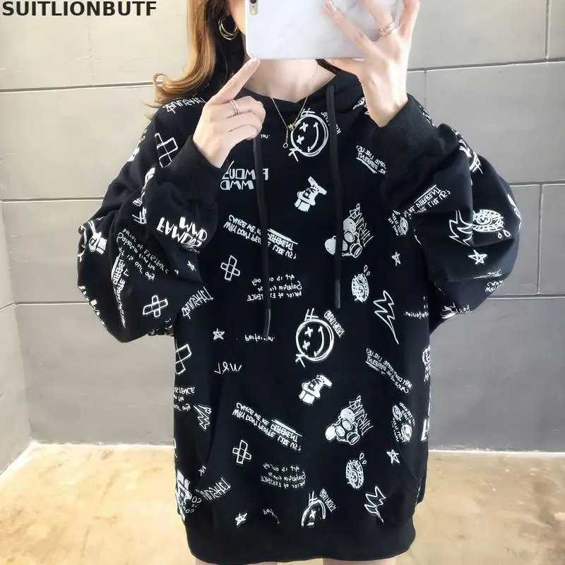 

M-2xl Loose Cartoon Letter Print Long Sleeve Hoodies Sweatshirts Pullover 2019 Autumn Long Casual Sweatshirt Korean Streetwear