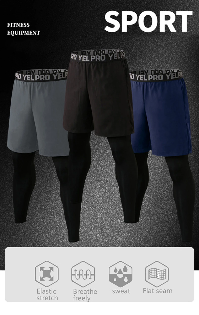 Description Picture 3 of itemMale Fashion Trousers Bottoms Mens 2 In 1 Sport Casual Pants Elastic Gym Jogging Pant Leggings Running Fitness Tights Trackpants