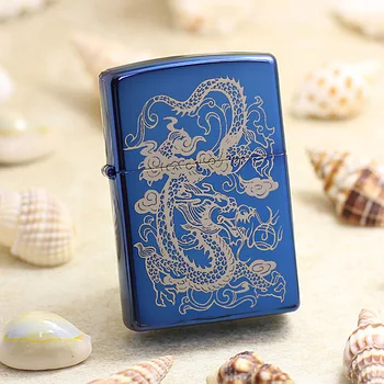 

Genuine Zippo oil lighter copper windproof Blue ice dragon carving cigarette Kerosene lighters Gift anti-counterfeiting code