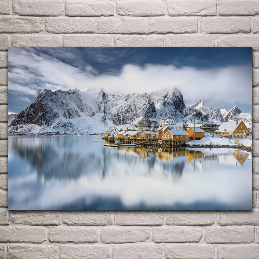 Sakrisoy Заснеженная гавань lofoten природный пейзаж Фотография для дома гостиной
