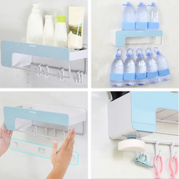 

Wall-Mounted Shampoo Holder With Hook Towel Hanger Holder Bathroom Storage Rack Kitchen Storage Shelf Make Up Organizer Bathroom