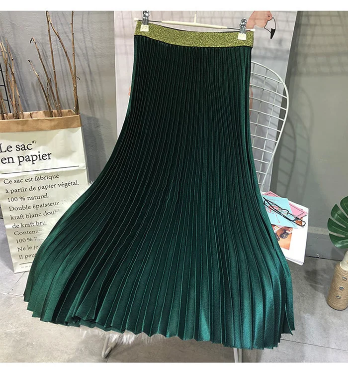 dark green Весенняя женская элегантная плиссированная юбка на осень и зиму, эластичная Женская длинная юбка с высокой талией, Женская юбка высокого качества Saia - Цвет: dark green