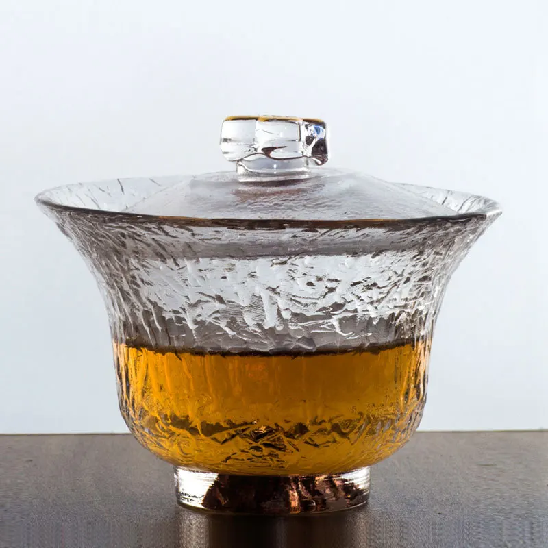 Japanese Style Glass Gaiwan Tea Cup and Lid Gold Painted Gongfu Tea Bowl Chinese Bowl 150ml