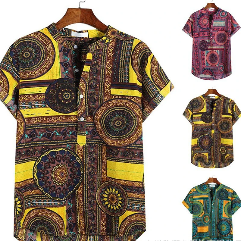 2022 New Fashion African Clothes for Man Cotton Geometric Print T-Shirt Male Loose Casual Men's Short-Sleeved Beach Shirts african outfits for ladies