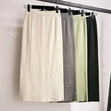 Осенне-зимняя Офисная Женская Повседневная теплая миди трикотажная юбка Женская эластичная высокая талия элегантная однотонная тонкая юбка-карандаш с разрезом