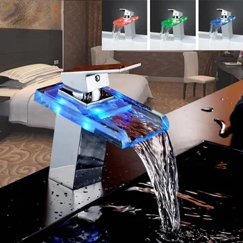 

LED Basin Faucet Brass Waterfall Colors Glass Change Bathroom Mixer Tap Single Handle Mounted Wash Sink Glass Taps