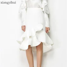 Однотонная модная черно-белая юбка миди с рюшами, Женская Корейская летняя Модная элегантная фатиновая юбка с высокой талией, асимметричная уличная одежда