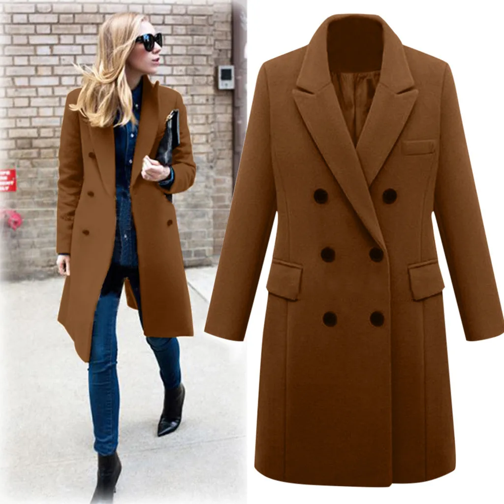 Winter Women Lapel Woollen Blends Coat Solid Trench Jacket Oversize Long Overcoat Turn-Down Collar Outwear Jacket Plus Size Coat