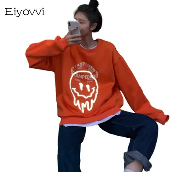 

Reflective Smiling Face Round Collar Sweatshirt Hoodies Female Hip-hop Student Loose Bf All-match Sport Sweater Harajuku Kpop