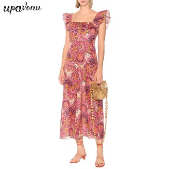 

2020 Elegant Women's Linen Print Dress Fashion Square Neck Ruffle Sleeveless Maxi Dress Retro Dress Holiday Style Dress Vestidos