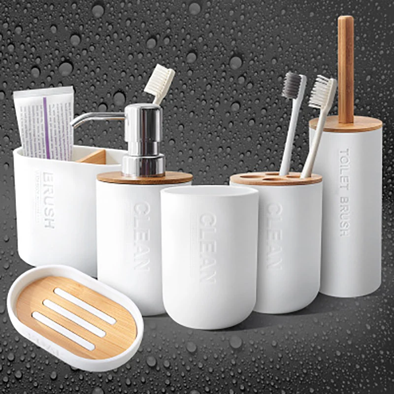 Toothbrush-Holder Bathroom-Accessories-Set Bamboo 5pcs/Set Simple