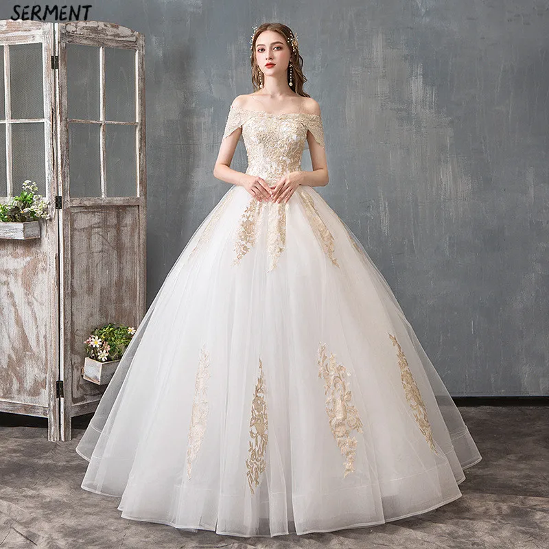 

SERMENT New Romantic White Lace Wedding Dresses Double shoulders Elegant Noble Temperament Wedding Gowns Vestidos De Novia