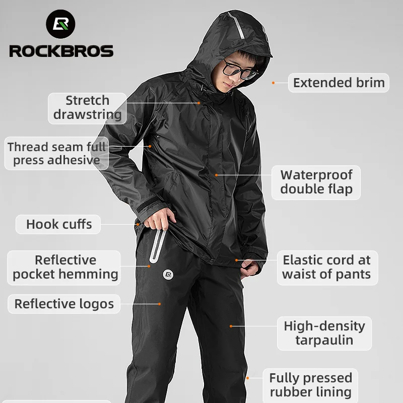ROCKBROS Cycling Jacket Outdoor Waterproof Rain Wind Coat Long Jersey Hood 