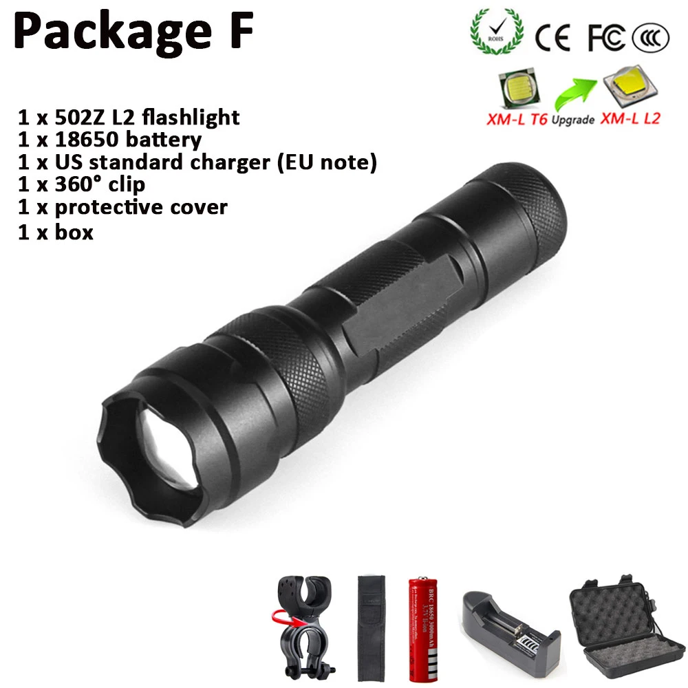 

502Z CREE XM-L2 1000Lumen 18650 Zoom Spotlight 1 Mode Waterproof Outdoor Torch Hunting Tactics LED High Power Flashlight New Set