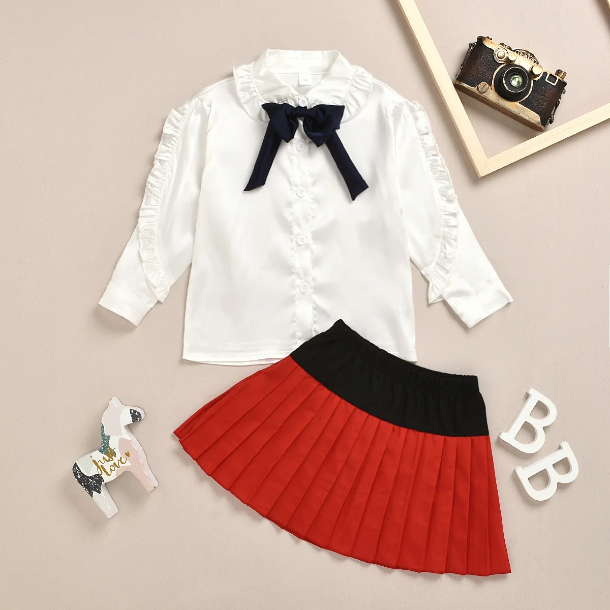 

2020 Spring Korean-style Childrenswear Girls Lace Collar Long-sleeve Blouse Half-length Pleated Skirt Set