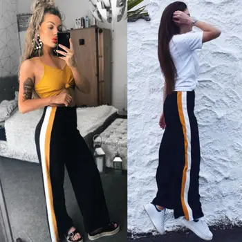 

Women Casual High waist Bandage Loose Striped Wide Leg Long Pants Trousers XMAS GIFT