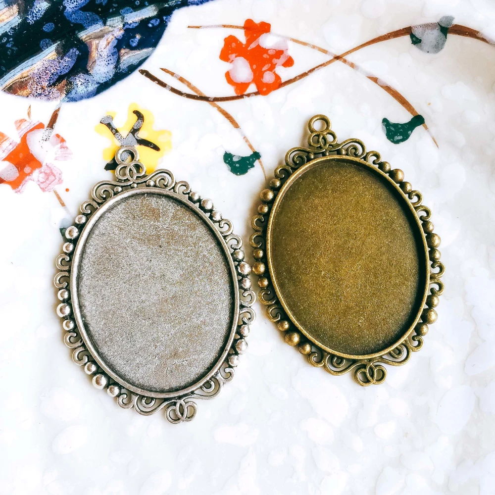 5pcs/lot 30x40mm Necklace Pendant Setting Antique Bronze Silver Color Glass Cabochon Blank Base Supplies for Jewelry T118 | Украшения и
