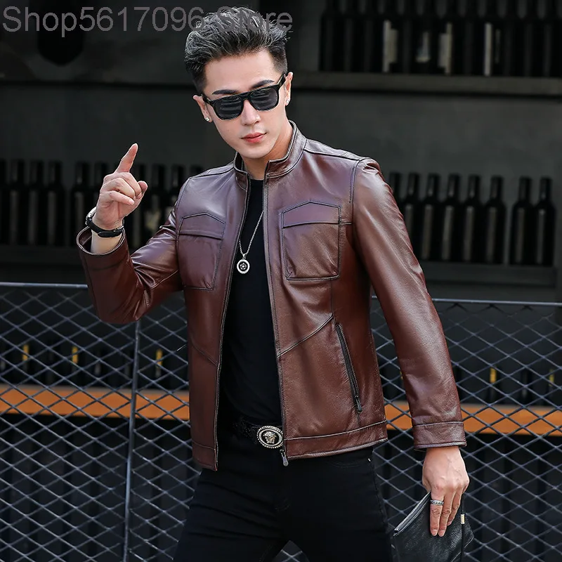 

Autumn Haining Genuine Leather Leather Coat Men Head Layer Cowhide Slim Fit Handsome Locomotive Leather Jacket Li Collar Coat