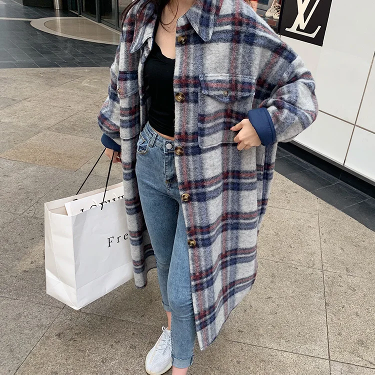 Women Elegant Woolen Coat Plaid Print Wool Turn Down Collar OG0696