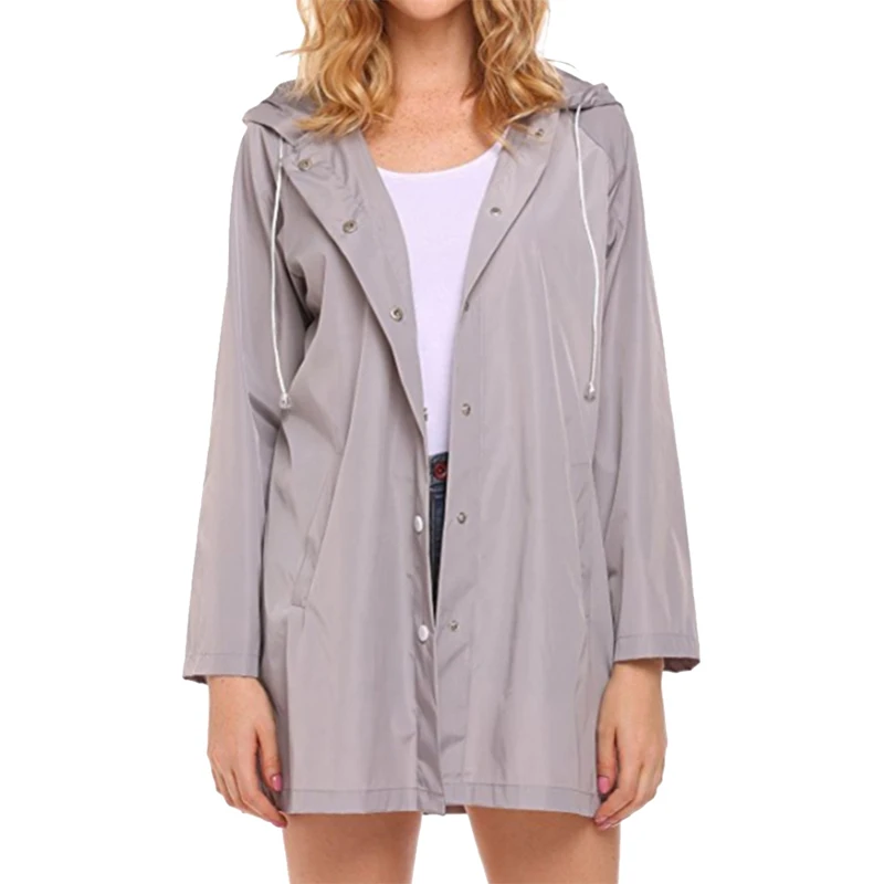 Осенняя Женская длинная куртка с капюшоном, ветровка, ветрозащитная верхняя одежда, толстовка на молнии, спортивные джоггеры, уличные тонкие пальто, одноцветные куртки - Цвет: gray rain coat
