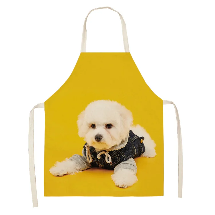 Parent-child Kitchen Apron Lovely Dog Photo Printed Sleeveless Cotton Linen Aprons for Men Women Home Cleaning Tools
