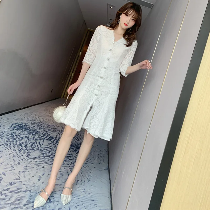 

Женские Элегантные платья с рукавом три четверти и V-образным вырезом, винтажное Бандажное платье-русалка, весенние пикантные вечерние облегающие офисные кружевные платья