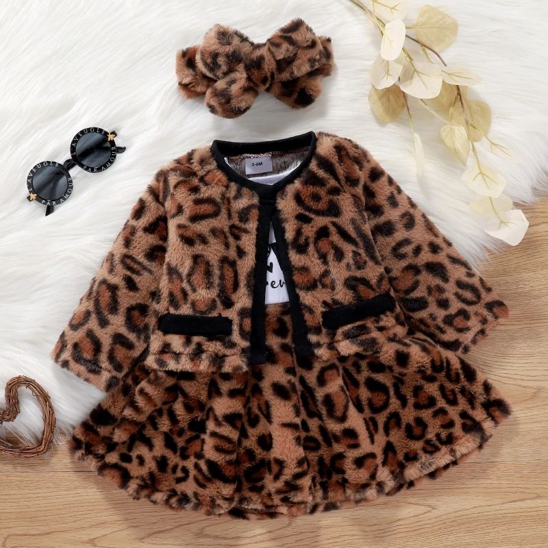 baby clothes set gift 3 Pcs Winter Baby Girls Letter Long Sleeve Dress Leopard Princess Dresses Headband Warm Outwear Cardigan Infant best Baby Clothing Set