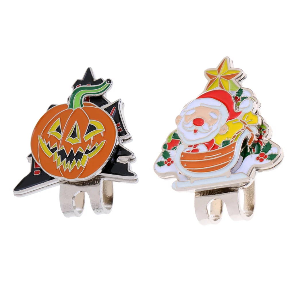 Halloween Pumpkin and Santa Claus Hat Clip with Removable Golf Ball Marker, Set of 2, Mini Size Lightweight Alloy