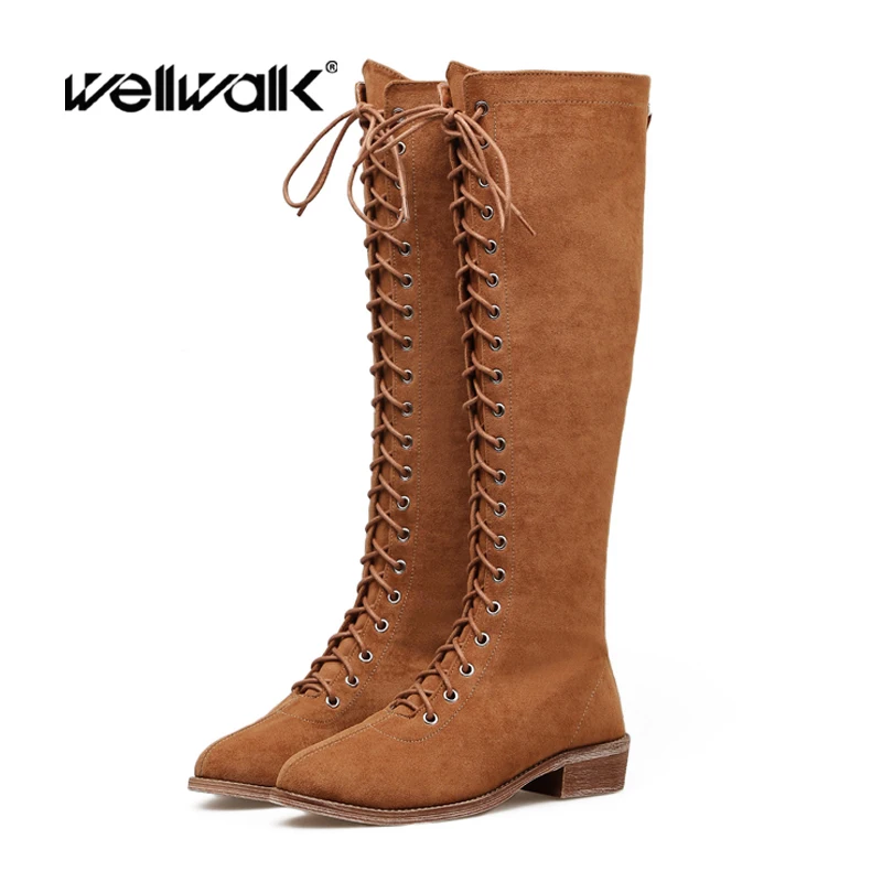 

Over The Knee Boots Women Winter Shoes Stacked Heels Flock Suede Bootee Female Fashion High Booties Woman 2019 Lace-Up Hot Sale