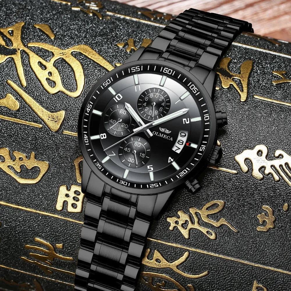OLMECA модные часы Relogio Masculino с хронографом Наручные часы Стальные часы мужские водонепроницаемые военные черные