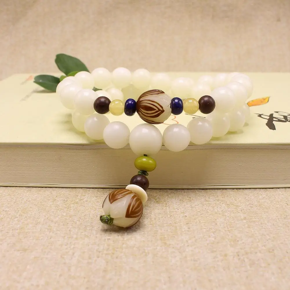 Original Design Natural White Bodhi Root Beads Bracelet Lotus 108 Lotus Mala Healing Prayer Bracelet Women Jewelry Gift bracelet jewelry