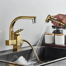 Kitchen Faucet Golden Brass Tap Bathroom Deck Mounted Pull Out Sprayer Gun Led Spout Hot and Cold Water Mixer Tap