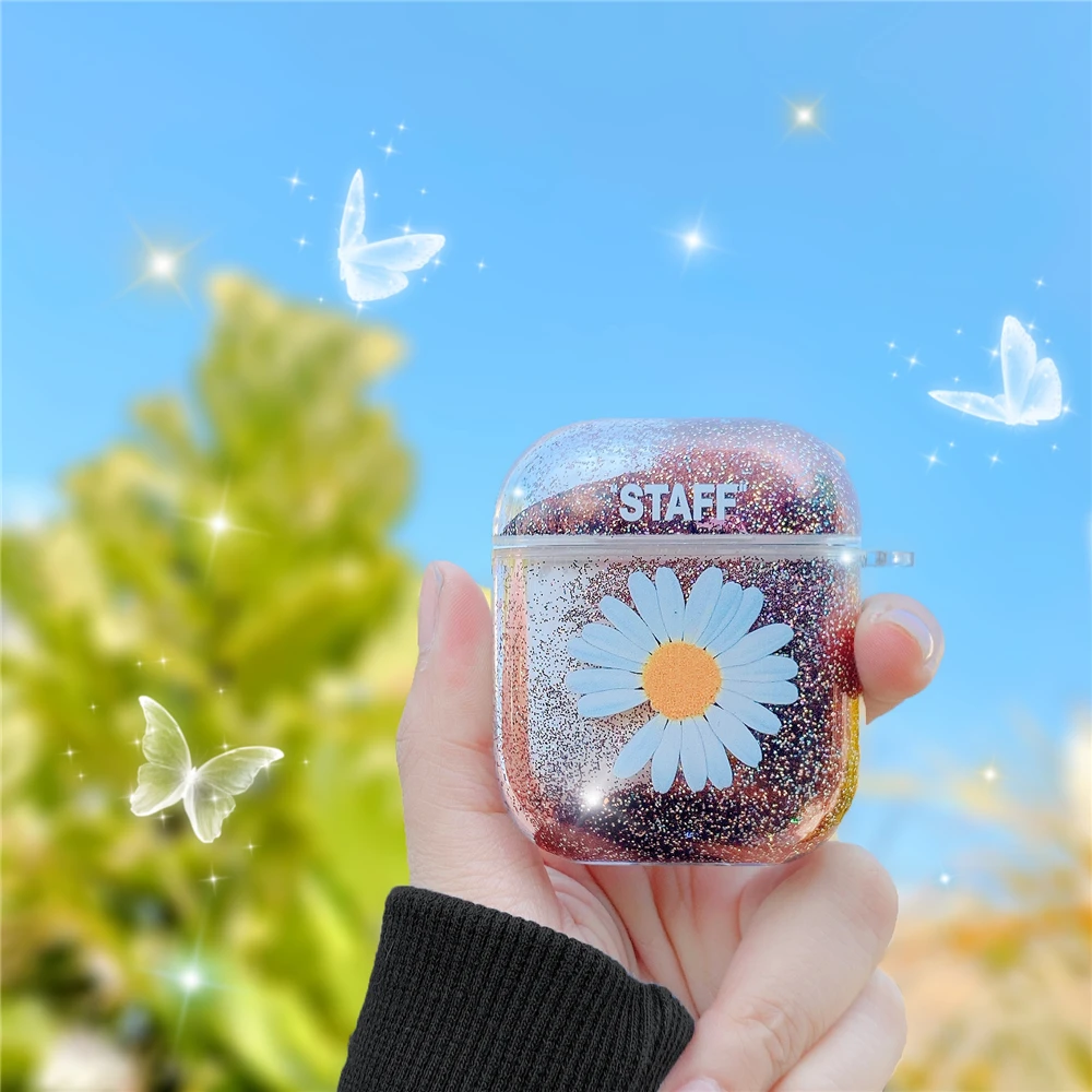 

Luxury Glitter Liquid Quicksand Wireless Bluetooth Earphone Case for Airpods 2 1 INS Peaceminusone Daisy Flower headset Cover