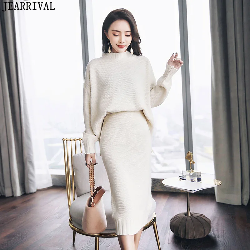 Осень зима Женский комплект 2 шт. с длинным рукавом объемный пуловер свитер + юбка