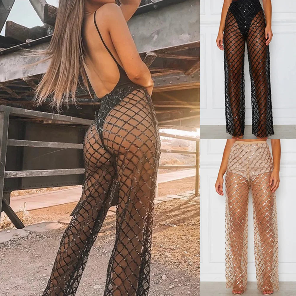 

Sexy Women Crochet Beach High waist Wide Leg Pants Lace See-through Bikini Cover ups Swimwear Beach Perspective Trousers