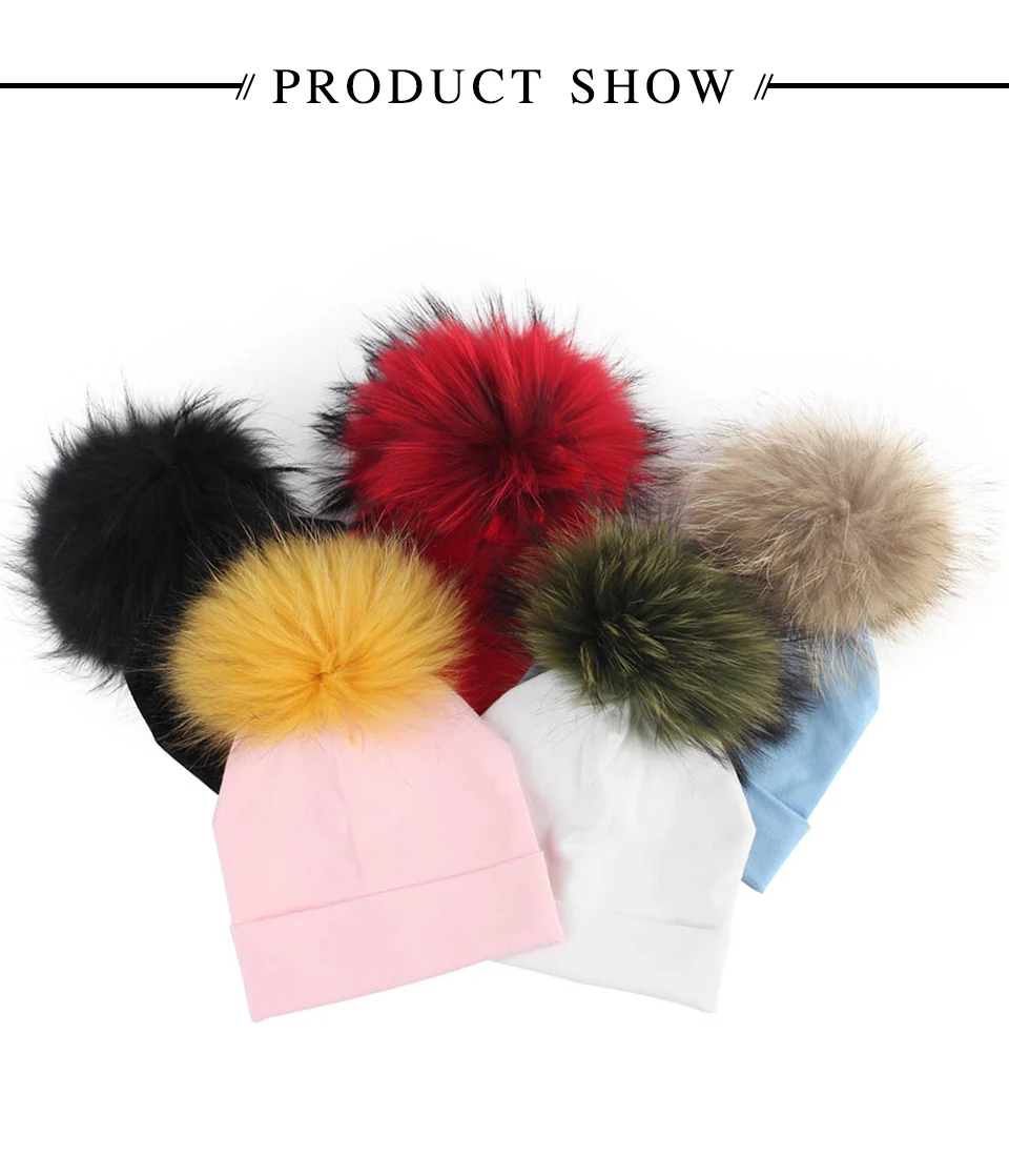Мягкие теплые хлопковые шапочки Skullies Beanies для новорожденных мальчиков, Детские хлопковые шапочки с помпоном из натурального меха для девочек