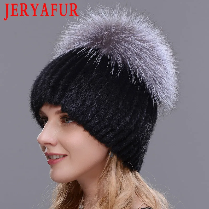 JERYAFUR женская меховая шапка зимняя натуральная норковая шапка с помпонами из меха лисы, вязаные шапочки, шапка, новая распродажа, меховые шапки