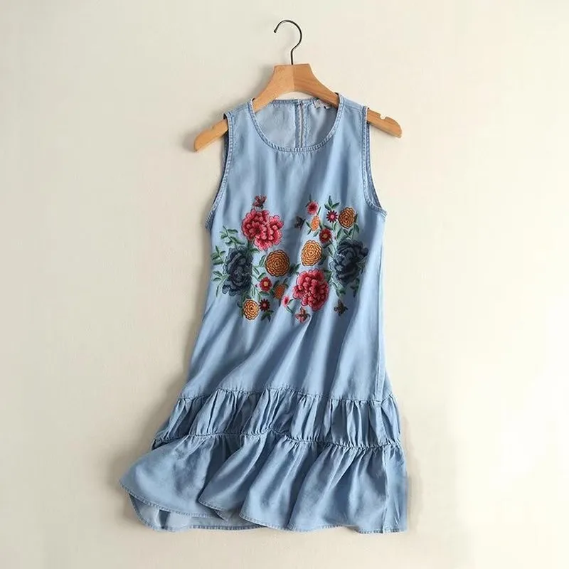 Женское джинсовое платье без рукавов с цветочной вышивкой|mini dress jeans|dress jeanssummer |