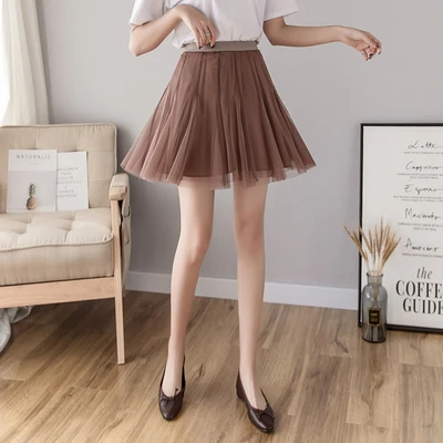 Новинка, винтажная плиссированная мини-юбка, Женская Корейская фатиновая сетчатая юбка с высокой талией, Розовая белая трапециевидная короткая юбка, весна-лето Falda - Цвет: coffee skirt
