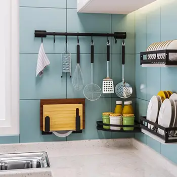 

Kitchen Rail Organizer Wall Mounted Pot Bar Stainless Steel Hanging Kitchen Utensils Rack for Pans Chopping Board