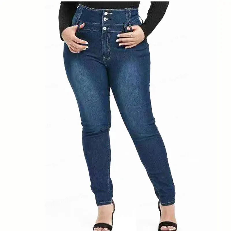 Узкие темно-синие длинные джинсы размера плюс на пуговицах 4XL 5XL, женские Стрейчевые тонкие джинсовые штаны с высокой талией, женские брюки - Цвет: Dark Blue